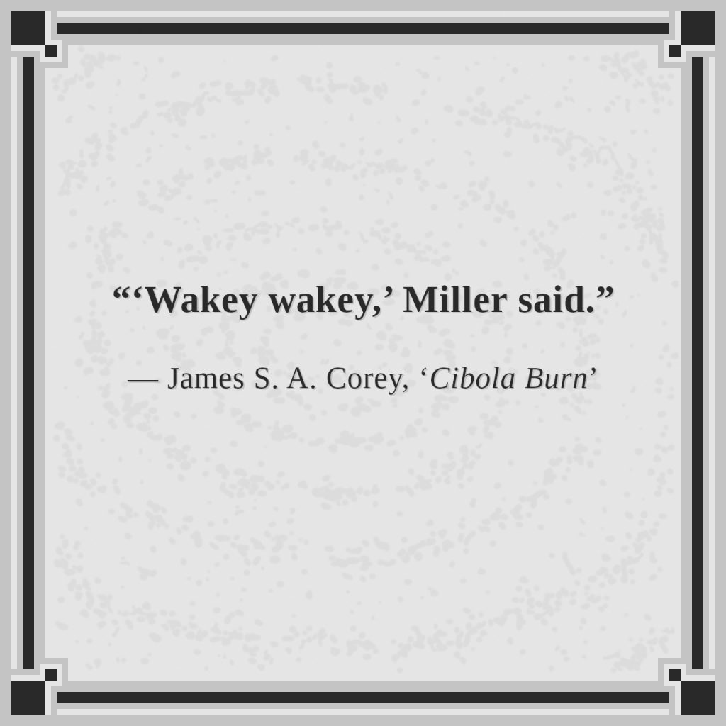 “‘Wakey wakey,’ Miller said.”

— James S. A. Corey, ‘Cibola Burn’